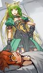  :d ahoge animal_ears atalanta_(fate) blonde_hair blush breasts cleavage commentary_request cowboy_shot dress fate/grand_order fate_(series) fujimaru_ritsuka_(female) gauntlets green_eyes green_hair hand_on_hip highres long_hair looking_at_another melon22 multicolored_hair multiple_girls open_mouth puffy_short_sleeves puffy_sleeves riyo_(lyomsnpmp)_(style) short_sleeves small_breasts smile two-tone_hair under_covers very_long_hair 