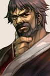  beard brown_hair chin_stroking facial_hair gloves hakama hankuri japanese_clothes kusanagi_saishu male_focus one_eye_closed the_king_of_fighters 