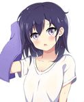  black_hair blush breasts cleavage collarbone deyui eyebrows_visible_through_hair gabriel_dropout highres holding holding_towel looking_at_viewer medium_breasts medium_hair parted_lips purple_eyes short_sleeves solo sweat sweatdrop towel tsukinose_vignette_april upper_body 