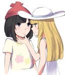  2girls bare_shoulders beanie black_hair blonde_hair blush braid dress eyebrows_visible_through_hair green_eyes grey_eyes hand_up hat hekishiru lillie_(pokemon) loli long_hair mizuki_(pokemon_sm) multiple_girls nervous pokemon pokemon_sm red_hat shirt short_hair short_sleeves simple_background sleeveless sleeveless_dress standing sun_hat sweat tied_hair white_background white_dress white_hat white_shirt yuri 