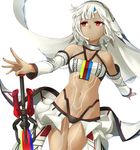  altera_(fate) bare_shoulders black_nails dark_skin detached_sleeves fate/grand_order fate_(series) midriff nail_polish navel p!nta photon_ray red_eyes revealing_clothes short_hair simple_background solo sword tattoo veil weapon white_background white_hair 