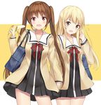  aho_girl bag banana blonde_hair blush brown_hair collarbone eyebrows_visible_through_hair food fruit hanabatake_yoshiko highres long_hair long_sleeves looking_at_viewer multiple_girls open_mouth school_bag smile sumino_sayaka twintails yukinoshita_(shaonjishi) 