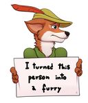  anthro canine claws clothed clothing disney english_text feathers fox freckles_(artist) fur green_eyes hat headgear looking_away male mammal robin_hood robin_hood_(disney) shirt sign simple_background solo text white_background 