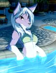  2016 5_fingers anthro big_breasts bikini biped breasts canine chair chest_tuft clothing detailed_background eyebrows eyelashes female grass hair hi_res humanoid_hands infinitedge2u inner_ear_fluff long_hair looking_at_viewer mammal night outside portrait purple_eyes snout solo standing swimming_pool swimsuit three-quarter_portrait tree tuft water white_hair window wolf 