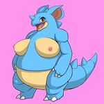  big_breasts blush breasts brown_eyes female full_body invalid_tag kewon looking_at_viewer nidoqueen nintendo nipples pink_background pok&eacute;mon simple_background smile solo standing video_games 