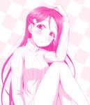  :o bare_legs blush ckst dress elbow_on_knee hair_ornament hairclip hand_on_head highres long_hair long_sleeves looking_at_viewer love_live! love_live!_sunshine!! monochrome pink ribbed_sweater sakurauchi_riko sitting solo sweater sweater_dress turtleneck turtleneck_sweater 