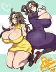  agawa_ryou artist_name ass atsuko-sensei blush breasts brown_hair bursting_breasts cleavage glasses heart high_heels huge_breasts long_hair looking_at_viewer meme_attire multiple_girls ooo_ayumu open-chest_sweater original pantyhose parted_lips signature smile sweater thick_eyebrows thick_thighs thighs 