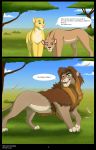  blue_eyes blue_sky comic dialogue english_text feline female fur green_eyes kooskia_(artist) lion luca male mammal mane outside pantherine paws seductive sky smile tan_fur text tree 