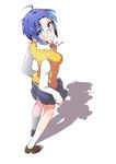  absurdres ahoge blue_eyes blue_hair breasts ciel highres ishii_takuma kneehighs loafers looking_at_viewer medium_breasts school_uniform shadow shoes short_hair skirt smile solo tsukihime type-moon vest white_background yellow_vest 