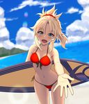  blonde_hair blush breasts cleavage eyebrows_visible_through_hair fate/grand_order fate_(series) green_eyes highres holding_surfboard kuroshiro_(ms-2420) large_breasts looking_at_viewer mordred_(fate)_(all) mordred_(swimsuit_rider)_(fate) navel open_mouth prydwen red_scrunchie scrunchie short_hair short_ponytail smile solo surfboard teeth 