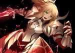  absurdres aqua_eyes black_background blonde_hair clarent energy fangs fate/apocrypha fate_(series) gorget green_eyes highres long_hair mordred_(fate) mordred_(fate)_(all) paperfinger pauldrons plate_armor ponytail red_scrunchie saliva scrunchie solo 