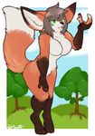  2015 4_fingers 4_toes abigail_(rismic) anthro big_ears border breasts brown_hair brown_nose canine countershading cute digital_drawing_(artwork) digital_media_(artwork) duo elbow_tufts featureless_breasts female feral fluffy fluffy_tail fox green_eyes hair hill holding_character macro mammal nut-case open_mouth open_smile red_fox rismic size_difference sky smile toes tree tuft white_border white_countershading 