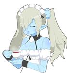  1girl apron bare_shoulders blonde_hair blue_skin breasts cleavage disgaea eyes_closed fang headdress maid_(disgaea) maid_uniform makai_senki_disgaea_5 pointy_ears stitches tea teacup twintails zombie 