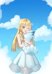  alolan_form alolan_vulpix bangs bare_shoulders blonde_hair blue_sky blunt_bangs blush braid cloud collared_dress commentary_request cowboy_shot day dress flat_chest green_eyes highres holding kokoro_(hzkokoro) lillie_(pokemon) long_hair one_eye_closed outdoors pokemon pokemon_(anime) pokemon_(creature) pokemon_sm_(anime) see-through sky sleeveless sleeveless_dress smile standing sundress twin_braids white_dress 