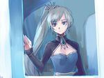  blue_eyes breasts cleavage cleavage_cutout earrings hair_over_one_eye jewelry long_hair looking_at_viewer medium_breasts rwby scar scar_across_eye side_ponytail silver_hair sketch solo tsuta_no_ha upper_body weiss_schnee 
