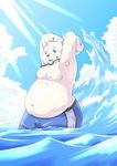  2017 anthro ball beach_ball bear belly blue_eyes clothed clothing cloud fur hi_res looking_at_viewer lothing male mammal navel nipples outside overweight overweight_male polar_bear pomupomu490 sea sky solo swimming_goggles swimming_trunks swimsuit topless water white_fur 