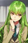  artist_name bangs blurry blurry_background c.c. code_geass creayus eyebrows_visible_through_hair finger_to_mouth green_hair hair_ornament hairclip long_hair looking_at_viewer necktie open_mouth school_uniform solo upper_body yellow_eyes 