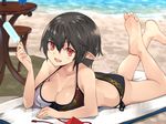  bare_shoulders barefoot beach beach_towel bikini black_bikini breasts chair cleavage day feet food hair_between_eyes halter_top halterneck hat hat_removed headwear_removed highres holding large_breasts looking_at_viewer lying nuqura on_stomach outdoors pointy_ears popsicle red_eyes sand shameimaru_aya short_hair side-tie_bikini smile soles solo summer swimsuit table the_pose tokin_hat touhou towel water 
