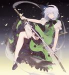  bad_id bad_pixiv_id bangs black_bow black_footwear black_hairband black_ribbon blue_eyes bow bowtie bug butterfly dress edel_(qi--yu) full_body glowing_butterfly green_dress hair_ribbon hairband high_heels holding holding_sword holding_weapon insect katana konpaku_youmu konpaku_youmu_(ghost) looking_at_viewer no_socks puffy_short_sleeves puffy_sleeves ribbon sheath shoes short_hair short_sleeves silver_hair sky smile solo star_(sky) starry_sky sword touhou unsheathed weapon 