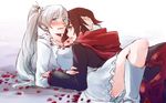  arm_support between_legs blue_eyes blush boots earrings grey_hair hand_on_another's_head jewelry knee_boots long_hair looking_at_viewer lying multiple_girls necktie nose_blush on_back open_mouth petals rose_petals ruby_rose rwby scar scar_across_eye silver_eyes sketch thighs tsuta_no_ha weiss_schnee yuri 