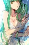  bangs bare_arms bare_shoulders breasts c.c. cleavage code_geass collarbone commentary_request creayus dress dutch_angle green_hair lips long_hair lying medium_breasts on_side parted_lips shiny shiny_skin sleeveless sleeveless_dress solo straight_hair sundress tsurime upper_body very_long_hair water water_drop wet wet_clothes wet_dress white_dress yellow_eyes 