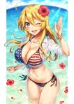  ;d ahoge american_flag_bikini ass_visible_through_thighs bikini blonde_hair blue_eyes bracelet breasts cleavage collarbone cowboy_shot day fisheye flag_print flower hair_flower hair_ornament hand_up hibiscus iowa_(kantai_collection) jewelry kantai_collection large_breasts light_rays long_hair looking_at_viewer mika_(1020mk) navel one_eye_closed open_mouth outside_border red_flower shirt side-tie_bikini sky sleeves_folded_up smile solo star star-shaped_pupils swimsuit symbol-shaped_pupils tied_shirt wading water wet wet_clothes wet_shirt white_shirt 