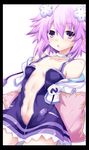  blush breasts choker choujigen_game_neptune cleavage collarbone cowboy_shot d-pad d-pad_hair_ornament hair_ornament iwasi-r jacket long_hair looking_at_viewer midriff navel neptune_(choujigen_game_neptune) neptune_(series) no_bra open_clothes open_jacket open_mouth pillow purple_eyes purple_hair shiny shiny_hair shiny_skin short_hair simple_background small_breasts solo stomach thighhighs white_background 