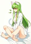 animal_ears annoyed bare_legs barefoot blush breasts buttons c.c. cat_ears cat_tail cleavage code_geass collared_shirt commentary_request creayus crossed_legs dress_shirt eyebrows_visible_through_hair full_body green_hair long_hair naked_shirt pout shiny shiny_hair shirt simple_background sitting sleeves_past_wrists small_breasts solo tail white_shirt yellow_eyes 