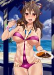  :d abs ashigara_(kantai_collection) beach breasts brown_eyes brown_hair cloud cloudy_sky collarbone cross_swimsuit day holding holding_plate holding_spoon kantai_collection katsu_(food) kusaka_souji large_breasts long_hair nail_polish o-ring o-ring_bikini ocean open_mouth outdoors pink_nails plate sky smile solo spoon swimsuit teeth 