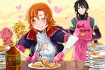  2girls ^_^ apron arms_behind_back blush chibi closed_eyes drooling eating english fingerless_gloves food fork gloves heart jaune_arc knife lie_ren multicolored_hair multiple_boys multiple_girls nora_valkyrie orange_hair pancake pink_gloves plate purple_eyes ruby_rose rwby smile syrup tsuta_no_ha 