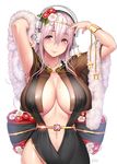  bow breasts cleavage eyebrows_visible_through_hair feather_boa flower hair_between_eyes hair_flower hair_ornament headphones highres huge_breasts jewelry large_bow navel necklace nitroplus older pearl_necklace pink_hair red_eyes see-through smile solo super_sonico tsuji_santa 
