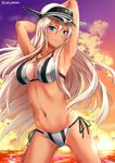  adapted_costume armpits arms_behind_head arms_up artist_name backlighting bare_arms bare_shoulders bikini bismarck_(kantai_collection) black_hat blonde_hair blue_eyes breasts cleavage cloud collarbone cowboy_shot evening hair_between_eyes hat horizon iron_cross jewelry kantai_collection legs_apart long_hair looking_at_viewer medium_breasts navel necklace ocean orange_sky pendant sakiyamama side-tie_bikini sky solo stomach striped striped_bikini sun sunlight sunset swimsuit tan tanline thighs twitter_username vertical-striped_bikini vertical_stripes very_long_hair visor_cap water 