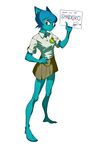  2017 5_fingers anime anthro barefoot blue_eyes blue_fur blue_hair breasts cartoon_network cat clothing digital_media_(artwork) eyelashes feline female fur hair looking_at_viewer lsw249 mammal nicole_watterson pin_button pose shirt simple_background skirt solo standing the_amazing_world_of_gumball white_background 