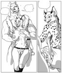  balls belt black_and_white boots breasts bridle clothing comic duo equine female footwear furronika horse hyena male male/female mammal monochrome nipples pants penis pussy speech_bubble stirrups 