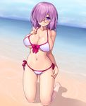  adapted_costume arm_at_side asamura_hiori beach bikini black-framed_eyewear blush breasts cleavage closed_mouth day eyebrows_visible_through_hair fate/grand_order fate_(series) front-tie_bikini front-tie_top full_body glasses hair_over_one_eye hand_on_own_chest highres horizon kneeling large_breasts mash_kyrielight medium_hair navel outdoors purple_eyes purple_hair shallow_water side-tie_bikini smile solo swimsuit swimsuit_of_perpetual_summer white_bikini 
