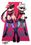  alternate_costume aori_(splatoon) bad_end black_gloves colo_(nagrolaz) gloves high_heels highres hotaru_(splatoon) miniskirt mole mole_under_eye multiple_girls navel pantyhose pointy_ears short_shorts shorts skirt splatoon_(series) splatoon_2 spoilers stomach sunglasses tattoo tentacle_hair thong 