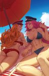  abs absurdres ass beach beach_towel beach_umbrella bikini blue_bikini blue_eyes blue_sky breasts cloud day dutch_angle final_fight hat highres large_breasts long_hair lying mariel_cartwright multiple_girls ocean on_stomach orange_hair outdoors peaked_cap pink_hair poison_(final_fight) reclining red_bikini roxy shade shiny shiny_skin sky strapless swimsuit toned towel tubetop umbrella underboob 