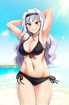  arms_up beach bikini black_bikini black_eyes black_hairband breasts cleavage cowboy_shot day eyebrows_visible_through_hair frilled_bikini frills groin hairband idolmaster idolmaster_(classic) looking_at_viewer medium_breasts navel shijou_takane side-tie_bikini silver_hair smile sun sun_beam swimsuit thigh_gap youtike 