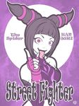  1girl bare_shoulders black_hair breasts capcom detached_sleeves fangs fingerless_gloves gloves han_juri long_hair purple_eyes short_hair short_twintails solo street_fighter street_fighter_iv twintails 