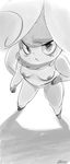  1girl artist_name blush breasts diives from_above furry greyscale half-closed_eyes hand_on_hips legs_apart looking_at_viewer looking_up meowstic monochrome nipples no_humans pokemon pokemon_(creature) pokemon_xy signature simple_background sketch small_breasts solo standing tail text white_background 