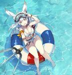  ahoge animal_ears bangs bikini breasts cleavage day diving_mask diving_mask_on_head fish foreshortening from_above goggles halter_top halterneck holding holding_weapon large_breasts long_hair looking_at_viewer original outdoors polearm shibano_kaito smile snorkel soaking_feet solo summer swimsuit trident water weapon white_bikini white_hair yellow_eyes 