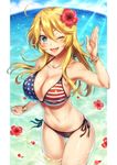  ;d ahoge american_flag_bikini ass_visible_through_thighs bikini blonde_hair blue_eyes bracelet breasts cleavage collarbone cowboy_shot day fisheye flag_print flower hair_flower hair_ornament hand_up hibiscus iowa_(kantai_collection) jewelry kantai_collection large_breasts light_rays long_hair looking_at_viewer mika_(1020mk) navel one_eye_closed open_mouth red_flower side-tie_bikini sky smile solo star star-shaped_pupils swimsuit symbol-shaped_pupils wading water 
