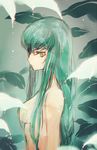  bangs breasts c.c. code_geass creayus green_hair long_hair looking_at_viewer medium_breasts nude rain sideboob solo wet yellow_eyes 