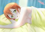  1girl bed blush breasts hoshizora_rin looking_at_viewer love_live! love_live!_school_idol_project lying naked_sheet nude on_side open_mouth orange_hair pillow rainbow_eyes sheet short_hair yamato_yume 