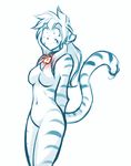  2017 anthro blush breasts chest_tuft collar collar_of_keidranification collar_tag crossgender digitigrade edit featureless_breasts featureless_crotch feline female fur gender_transformation hair keidran long_hair mammal monochrome naked_collar navel nude pose simple_background sketch smile solo striped_fur stripes tiger_trace tom_fischbach trace_legacy transformation tuft twokinds webcomic white_background 