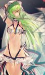  altera_(fate) altera_(fate)_(cosplay) arm_up armpits ass_visible_through_thighs bandeau breasts brown_eyes c.c. choker code_geass collarbone cosplay cowboy_shot creayus detached_sleeves eyebrows_visible_through_hair fate/grand_order fate_(series) green_hair hair_ornament hair_over_one_eye long_hair medium_breasts navel sidelocks solo tattoo thigh_gap veil wind 