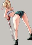  ? absurdres ass bandeau bare_shoulders bent_over blonde_hair boots braid clarent cutoffs f.w.zholic fate/apocrypha fate_(series) from_behind green_eyes grey_background highres looking_at_viewer mordred_(fate) mordred_(fate)_(all) panties panties_under_shorts ponytail red_panties short_shorts shorts simple_background solo standing sword underwear weapon 