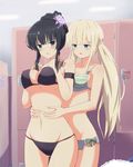  &gt;:( absurdres alternate_hairstyle bad_id bad_pixiv_id bangs belly_grab bikini black_bikini black_eyes black_hair blonde_hair blunt_bangs blush breast_press breasts commentary_request deep_skin flower folded_ponytail frown furiruno groin hair_flower hair_ornament highres ikaruga_(senran_kagura) large_breasts locker locker_room long_hair low_twintails multiple_girls navel parted_lips senran_kagura senran_kagura_shoujo-tachi_no_shin'ei stomach striped striped_bikini swimsuit twintails v-shaped_eyebrows yomi_(senran_kagura) 