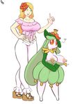  anthro big_breasts blonde_hair breasts cleavage clothed clothing duo female flora_fauna flower flower_in_hair footwear green_eyes hair hand_on_hip human immortalstar lilligant mammal mouthless nintendo nipples open_mouth open_smile orange_sclera plant pok&eacute;mon pok&eacute;morph sandals short_stack simple_background size_difference smile video_games white_background white_eyes wide_hips 