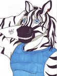  2011 anthro biped black_fur black_hair black_stripes blue_clothing blue_eyes blue_shirt blue_topwear bust_portrait clothed clothing ear_piercing equine front_view fur hair khaki looking_at_viewer male mammal marker_(artwork) multicolored_fur multicolored_hair piercing portrait shirt signature simple_background smile snout solo striped_fur stripes stripes_(character) tank_top teeth traditional_media_(artwork) two_tone_fur two_tone_hair white_background white_fur white_hair zebra 